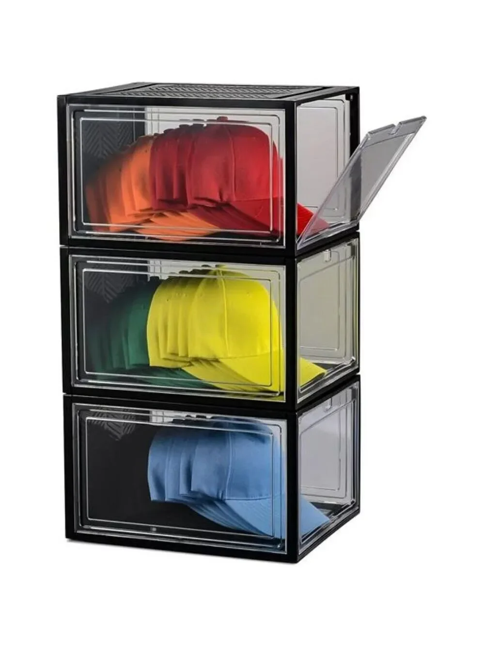 Baseball Cap Organizer Clear Hat Storage Box Magnetic Door Stackable Holder